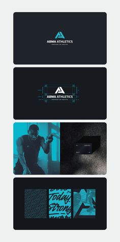 three different business cards with the logo for ama athletics, which is designed in black and blue