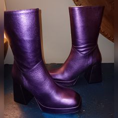 Metallic Purple Leather Ankle Boots Retro Round Toe Party Boots, Fall Purple Platform Boots, Purple Leather Ankle-high Boots, Purple Leather Round Toe Platform Boots, Retro Ankle-high Party Heels, Purple Leather Platform Boots With Round Toe, Retro Ankle-high Heels For Parties, Party Platform Boots In Faux Leather Medium Width, Party Platform Boots In Faux Leather