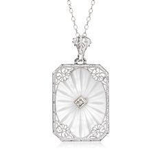 Ross-Simons - C. 1950 Vintage 8.50ct Rock Crystal Filigree Pendant Necklace, Diamond Accent. 16.5". C. 1950. Presented by our Estate collection, this alluring Retro-era pendant necklace will enhance the elegance of any formal ensemble. A translucent 8.50 carat rectangular rock crystal acts as the backdrop to fanciful filigree detailing and a sparkling diamond accent. Crafted in 14kt white gold. Suspends from a cable chain. Springring clasp, rock crystal filigree pendant necklace. Exclusive, one- Art Deco Jewelry For Vintage Events, Art Deco Jewelry With Vintage Charm For Vintage Events, Vintage Charm Art Deco Jewelry For Formal Occasions, Art Deco Vintage Charm Jewelry For Formal Occasions, Formal Art Deco Jewelry With Vintage Charm, Art Deco Jewelry With Vintage Charm For Anniversary, Victorian White Gold Pendant Necklace, Antique White Gold Pendant Necklace, Vintage Engraved White Gold Necklace