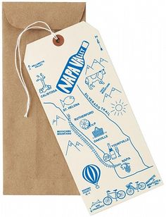 a brown paper bag with a map on it and a tag hanging from the front