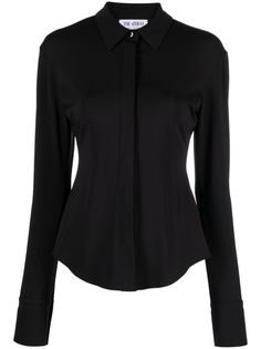 black stretch-jersey classic collar concealed front button fastening long sleeves cuff sleeves fitted waistline curved hem Black Button Down, Black Button Up, Black Long Sleeve Shirt Outfit, Long Sleeve Button Up Shirt Outfit, Black Dress Shirt Women, Fitted Button Up Shirt, Black Fitted Shirt, Long Sleeve Shirt Outfits, Thrift Board