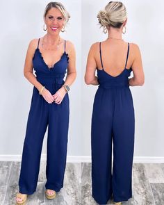 Paradise Haven Jumpsuit - Navy Elegant V-neck Jumpsuits And Rompers With Tie Waist, V-neck Tie Back Jumpsuit For Party, V-neck Party Jumpsuit With Tie Back, V-neck Jumpsuit With Tie Back For Party, Chic Strapless Jumpsuit With Tie Waist, Chic Jumpsuits With Tie Waist For Night Out, Summer Party Jumpsuits And Rompers With Tie Waist, Spring Party Jumpsuits With Tie Waist, Chic Tie-back Jumpsuits And Rompers