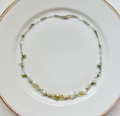 Pale green gold silver gemstone choker necklace with frehwater pearl, aquamarine and citrine a unique handmade artisan jewelry gift for her for casual or dressy wear Delicate Silver Jewelry For Summer, Delicate Silver Summer Jewelry, Unique Pearl Jewelry For Anniversary, Adjustable Gemstone Beads Jewelry Gift For Her, Dainty Silver Jewelry With Gemstone Beads, Bohemian Single Strand Round Jewelry, Dainty Single Strand Jewelry For Anniversary, Elegant Gemstone Beaded Choker Necklaces, Green Pearl Jewelry For Gifts