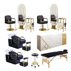 several different types of salon equipment including chairs, tables and stools with mirrors on them