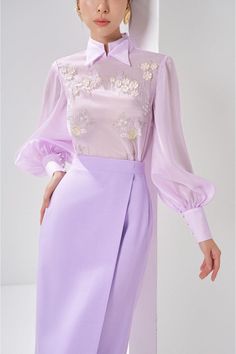 Keyla Straight Long Sleeved Crepe Midi Dress | MEAN BLVD Elegant Dresses With Blouson Sleeves For Work, Elegant Bishop Sleeve Dresses With Structured Shoulders, Purple Long Sleeve Dress For Formal Occasions, Elegant Dresses With Structured Shoulders And Bishop Sleeves, Purple Long Sleeve Formal Dress, Elegant Formal Dresses With Blouson Sleeves, Elegant Evening Dress With Blouson Sleeves, Purple Party Dress With Sheer Sleeves, Elegant Bishop Sleeve Dress For Work