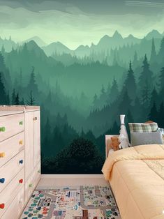 a bed room with a neatly made bed and a mountain mural on the wall behind it