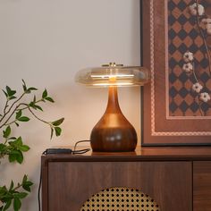 a table lamp sitting on top of a wooden cabinet next to a potted plant