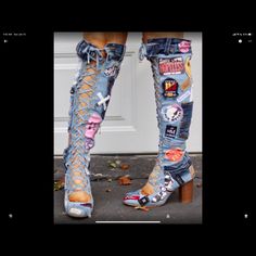 These Fantastic Lace Up Otk Boots Are Cool Incarnate! Multiple Patches, Slogans And Cheeky Graphics Mixed With Various Denim Pockets & Patches Throughout. Three Inch Sturdy Block Heel. Otk Boots, Custom Boots, Denim Boots, Denim Pocket, Handmade Shoes, Over The Knee Boots, Over The Knee, Block Heels, Size 10