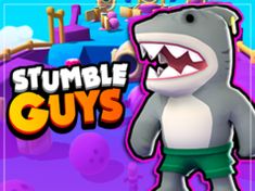 an image of a cartoon character with the words stumble guys in front of him is a shark