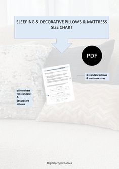 a white couch with pillows and pillow covers on it, including the text sleeping and decorative pillows & mattresses size chart