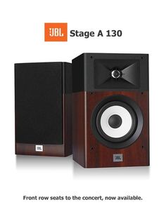 a pair of speakers sitting next to each other on top of a white background with the words, jbl stage a 130