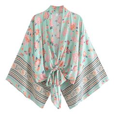 Spring Tropical Print Tops For Loungewear, Summer Hippie V-neck Kimono, Cotton V-neck Kimono With Floral Print, Flowy Wrap Tops For Summer, Summer Vacation Wrap Tops, Spring Tops With Kimono Sleeves And Relaxed Fit, Summer Tops With Relaxed Fit And Kimono Sleeves, Spring Tops With Relaxed Fit And Kimono Sleeves, Printed Cotton V-neck Kimono