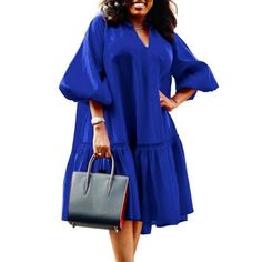 Package included: 1 Dress Material: 100%Polyester Color: Red,Yellow,Navy Sleeve: Half Sleeve Pocket: No Size: S,M,L,XL,2XL,3XL,4XL,5XL Pattern: Solid Length: Knee-Length Features: Pleating,V-Necked,Puff Sleeve Style: Leisure,Leisure,Holiday,Europe,Daily,Fashion Season: Spring,Autumn Occasion: Party,Holiday,Streetwear,Travel,Casual,Family,Appointment Color: Blue.  Gender: female.  Age Group: adult. Plus Size Bohemian, Bohemian Party, Bohemian Summer Dresses, Lantern Sleeve Dress, Satin Mini Dress, Lantern Sleeve, African Fashion Dresses, Lantern Sleeves, Mini Dress With Sleeves