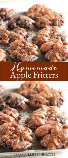 homemade apple fritters on a cooling rack with the words homemade apple fritters