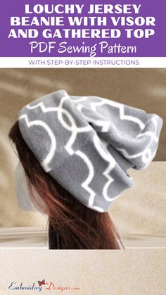 a woman's head wearing a gray and white hat with the words, how to sew