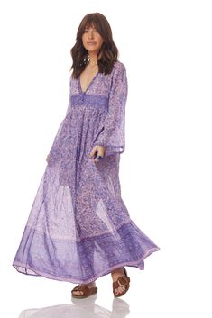 Jade Printed Maxi dress is perfect for beach-to-bar occasions. Some of our favorite touches, sophisticated and graceful design, make this dress an instant Blue Boheme classic.Color: Lavender Sizes: Small/Medium, Fits Size 2 to 6 and Medium/Large, Fits Size 6 to 10 100% Indian Cotton With a Lining Made in India Model Height: 5'7Bust: 32BWaist: 24Hips: 32 Spring Beach Dress, Floor-length And Flowy, Spring Floor-length Beach Dress, Bohemian Lavender V-neck Maxi Dress, Flowy Floor-length Beach Dress, Spring Lavender Maxi Dress, Purple Maxi Dress For Beach Season, Chic Lavender Beach Dress, Lavender V-neck Maxi Dress For Spring, Purple Flowy Dress For Beach Season