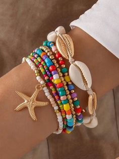 Colorful  Collar  Shell   Embellished   Women Fashion Jewelry Sea Bead Bracelets, Collar Conchas, Bracelets Summer, Accessories Colorful, Stella Marina, Starfish Bracelet, Girl Accessories, Beach Bracelets, Bohemian Women