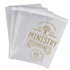 five clear plastic bags with gold lettering on the front and back of each bag are shown