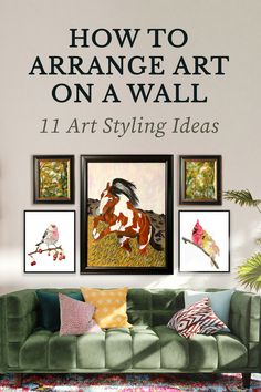 how to arrange art on wall gallery wall over sofa Different Size Wall Art, Paintings Arrangement On Wall, Gallery Wall With One Large Painting, Wall Collage With One Large Picture, Art Work In Living Room, Arrange Wall Art, Art Gallery Wall Living Room Eclectic, Large Print Gallery Wall Layout, Artwork Groupings On Wall