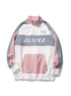 ❤︎ Pink splice stand collar bicolor top❤︎ College Bags, Collared Sweatshirt, Sweatshirt Zipper, Gift Of Time, Stand Collar, Sweatshirts Women, Hip Hop, Loose Fitting, Collar