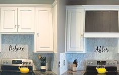 before and after photos of a kitchen with white cabinets, black stove top oven and granite counter tops