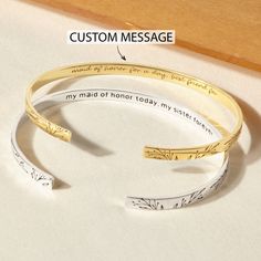 This Engraved Bracelet is more than just an accessory. It's a personalized piece of artistry designed just for you or your loved ones. Crafted in lustrous silver or gold, the bracelet offers a unique opportunity for self-expression or a thoughtful gesture for someone special. Customize it with your chosen text or name, subtly hidden inside the bangle, creating an intimate bond between the wearer and the message. This bracelet makes for an excellent gift, infusing love and thoughtfulness into each and every element. INORMATION: * Measurements: The plate measures approx. 5/32 inch (~4mm). * Bracelet Size: circumference is 6.5''  - PERSONALIZATION: * Front: Our default design as image * Back: Any meaningful message or information (20-22 words) WHAT MAKE IT SPECIAL: ✓ Personalization: A unique Customized Bracelets, Personalized Wedding Rings, Customised Bracelets, Engraved Wedding Rings, Puzzle Jewelry, Bracelet Quotes, Bracelets Silver, Fingerprint Jewelry, Monogram Jewelry