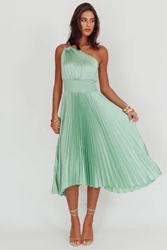 Shop the Calissa One Shoulder Pleated Midi Dress Sage | Selfie Leslie Flowy A-line Pleated Midi Dress, Spring A-line One Shoulder Cocktail Dress, Summer Knee-length One Shoulder Dress For Brunch, Knee-length One Shoulder Summer Brunch Dress, Knee-length One Shoulder Dress For Summer Brunch, Solid Asymmetrical Midi Dress For Cocktail, Summer Brunch One-shoulder Knee-length Dress, Asymmetrical Solid Color Cocktail Midi Dress, Asymmetrical Solid Cocktail Midi Dress