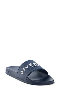 Monogram detailing and logo lettering give iconicity to this casual slide sandal. Leather upper and lining/synthetic sole Made in Italy Designer Shoes Luxury Blue Summer Slides, Luxury Blue Open Toe Slides, Designer Blue Slides With Branded Insole, Summer Slip-on Slides With Embossed Logo, Givenchy Slides, Designer Blue Slip-on Sandals, Letter Logo, Slide Sandals, Givenchy