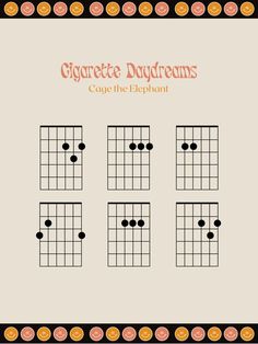 This is a poster with the 5 main guitar chords of Cigarette Daydreams by Cage the Elephant Easy Guitar Songs Chords, Electric Guitar Chords, Guitar Tabs Acoustic, Guitar Tabs And Chords, Easy Guitar Chords, Guitar Songs For Beginners, Learn Guitar Chords, Easy Guitar Songs, Guitar Tabs Songs