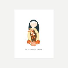 a card with an illustration of a woman holding flowers in her hands and the words st teresa of lisieux on it