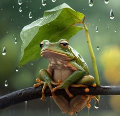 a green frog sitting on top of a tree branch next to a rain soaked window