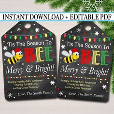 two christmas tags with the words bee merry and bright on them