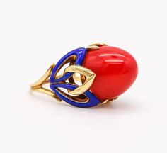 Art Deco 1930 Enamelled Cocktail Ring 18Kt Yellow Gold with Red Ox Blood Coral For Sale at 1stDibs | red havala ring, blood red ox, red blood yellow gold Colorful Transitional, Art Deco Cocktail, Late Art, Coral Stone, 1930s Fashion, European Art, Art Deco Jewelry, Historical Fashion, Red Coral