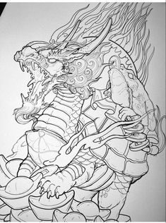 an ink drawing of a dragon holding a bowl with food in it's hands