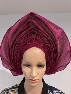 Beautiful and elegant wine color African wedding Auto gele Aso oke,ready to wear for brides and for all fashionista ladies. It will be delivered within 2 to 5 days of purchase Pink Headwrap For Party, Elegant One Size Headpieces For Party, Elegant Church Headwrap In Headband Style, Elegant Church Headwrap Headband, Elegant Party Headband One Size, Elegant One-size Headband For Parties, Elegant One Size Headband For Parties, Elegant Wedding Headpieces One Size, Adjustable Purple Headwrap For Party