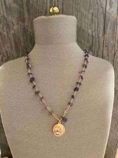 Spiritual Gold Charm Necklace With Gemstone Beads, Spiritual Gold Charm Necklaces With Gemstone Beads, Gold Crystal Necklace With Round Gemstone Pendant, Gold Amethyst Pendant Crystal Necklace, Handmade Amethyst Gold Necklace, Handmade Gold Amethyst Necklace, Gold Amethyst Necklace With Adjustable Chain, Handmade Brass Spiritual Coin Necklace, Gold Amethyst Crystal Necklace With Natural Stones