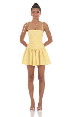 Ruched Fit and Flare Dress in Yellow | LUCY IN THE SKY Los Angeles, Angeles, Fluttershy Dress, Hoco Dress Short, Rush Week Outfits, Sorority Rush Outfits, Sorority Recruitment Outfits, Rush Outfits, Recruitment Outfits