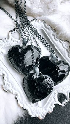 "Black obsidian heart necklace  Huge 45mm all natural Black obsidian hearts framed in blackened sterling silver.  Pendant measures 2\" In length. 18\" heavy weight sterling silver chain. Black obsidian is igneous rock occurring as a natural glass formed by the rapid cooling of viscous lava from volcanoes.  Thank you! IG: @BRAZILIANMAGICK" Black Obsidian Necklace, Obsidian Necklace, Gemstone Beaded Necklace, Protection Necklace, Heart Frame, Necklace Heart, Crystal Choker, Minerals And Gemstones, Healing Jewelry