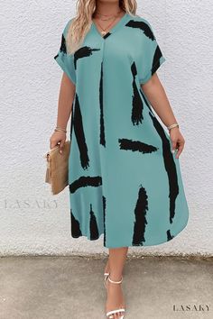 Lasaky - Casual Graphic Print Dress with V Neckline for Women Pyjama Satin, Sukienki Plus Size, Loose Dresses, Womens Long Dresses, Gown Styles, V Neck Midi Dress, Loose Fitting Dresses, Racerback Dress, Nikko