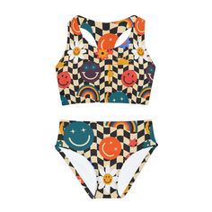 Retro Checkerboard Two Piece Youth Bathing Suit | Smiley Face Check Pattern Girls Bikini | Free Shipping | jaecrece.com | 
#retroswimwear #girlsbikini #tweenbathingsuit #checkerbikini #girlsbathingsuit #tweenbikini #mommyandmeswimwear #familymatchingbathingsuits Summer Stretch Tankini For Playwear, Playful Swimwear For Surfing During Beach Season, Multicolor Graphic Print Swimwear For Beach Season, Fitted Tankini For Playwear And Beachwear, Multicolor Graphic Print Swimwear For Pool, Stretch Tankini For Beach Playwear, Trendy Multicolor Printed Swimwear, Playful Stretch Swimwear For Spring, Stretch Graphic Print Swimwear For Vacation