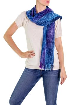 Rayon Chenille Scarf Made from Bamboo Chenille Knitted Scarf, Bamboo Accessories, Bohemian One-size Acrylic Scarves, Handwoven Rayon Chenille Scarf, Chenille Scarf, Blue Bamboo, One Size Bohemian Purple Scarf, Spirit Clothing, Fair Trade Clothing