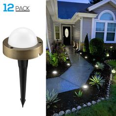 two different types of lights in front of a house and an image of a driveway