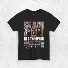 a black t - shirt with an image of two basketball players on the front and back