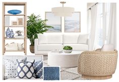 a living room with white furniture and blue accents on the walls, along with other items