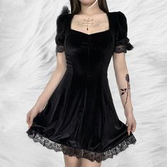 Y2K Gothic Vintage Witch Style Short Dress for Women Black Dress Gothic, Witch Fashion, Goth Dress, Square Neck Dress, High Waist Dress, Vestidos Vintage, Party Dress Short, Gothic Dress, Lace Dress Black