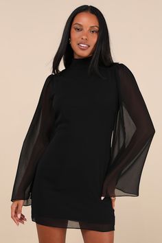 We promise that everyone will be obsessed with the flawlessness of the Lulus Guaranteed Chicness Black Mock Neck Mini Dress! Lightweight woven chiffon shapes this cute and elegant dress that features semi-sheer, bell-style long sleeves with gathering at the shoulders and a classy mock neck (that secures with bottom-loop closures at the back). The figure-skimming, fit-and-flare silhouette falls to a breezy mini hem. Keyhole cutout and hidden zipper/clasp at back. Fit: This garment fits true to si Dress Bell Sleeve, Mock Neck Mini Dress, Black Mock Neck, Statement Sleeves, Stretch Dress, Cutout Dress, Dress 100, Elegant Dress, Bell Sleeve