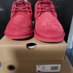 Ugg Neumel Boots Grade School Size 5 (Fits With 7 1/2 Or 8) Suede Lace Up With Rear Pull On Tab Water Repellent Casual Red Lace-up Boots, Casual High-top Boots With Red Sole, Casual Boots With Red Sole And Round Toe, Casual Red Boots With Rubber Sole, Red Suede Casual Boots, Red High-top Casual Boots, Casual Red Suede Boots, Casual Red Winter Boots, Casual Red High-top Boots