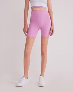 DETAILS: Color: Bubble gum pink High waist biker shorts with side contrast fabric Super soft & delicate brushed body fabric Medium weight 2x2 ribbed fabric on side panel Rubberized brand logo detail at back waist Body: 77% Nylon, 23% Spandex Contrast fabric: 93% Polyester, 7% Spandex Machine wash SIZE & FIT: Fits true to size Waist: 10 3/4" Inseam: 7" Model is wearing a size S Compressive Spring Activewear Shorts, Pink Gym Shorts For Spring, Spring Pink Shorts For Gym, High Waist High Stretch Pink Shorts, Plain Color Athleisure Biker Shorts For Spring, Pink Moisture-wicking Shorts For Spring, Pink High-waist High-stretch Shorts, Stretch Biker Shorts With Ribbed Waistband, High-waist High-stretch Pink Shorts