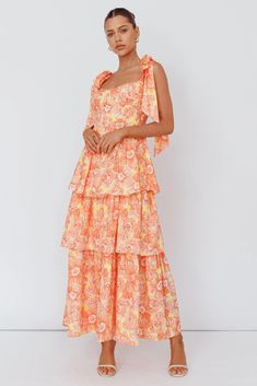 Shop the Arlowe Tied Shoulder Tiered Midi Dress Floral Orange | Selfie Leslie Yellow Tiered Summer Dress, Orange Floral Bridesmaid Dresses, Orange Dress Bridesmaid, Tiered Bridesmaid Dress, Peach Floral Dress, Weekend Lunch, Tan Mules, Midi Dress Floral, Macy Dresses