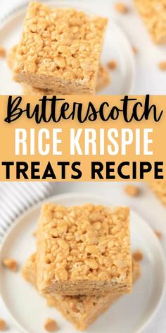 butterscotch rice krispie treats recipe on a white plate with text overlay